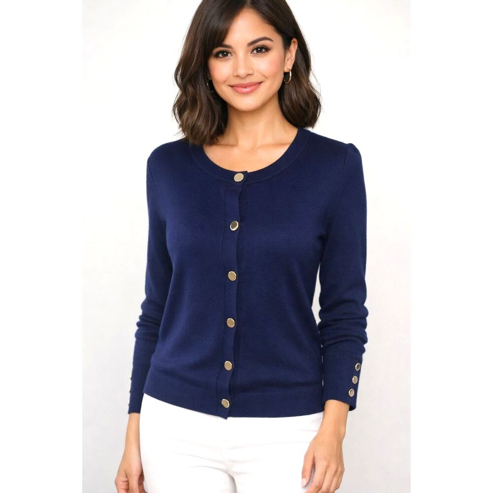 Tahari Women’s Navy Blue Cardigan Sweater XS Gold Button Front Knit Classic